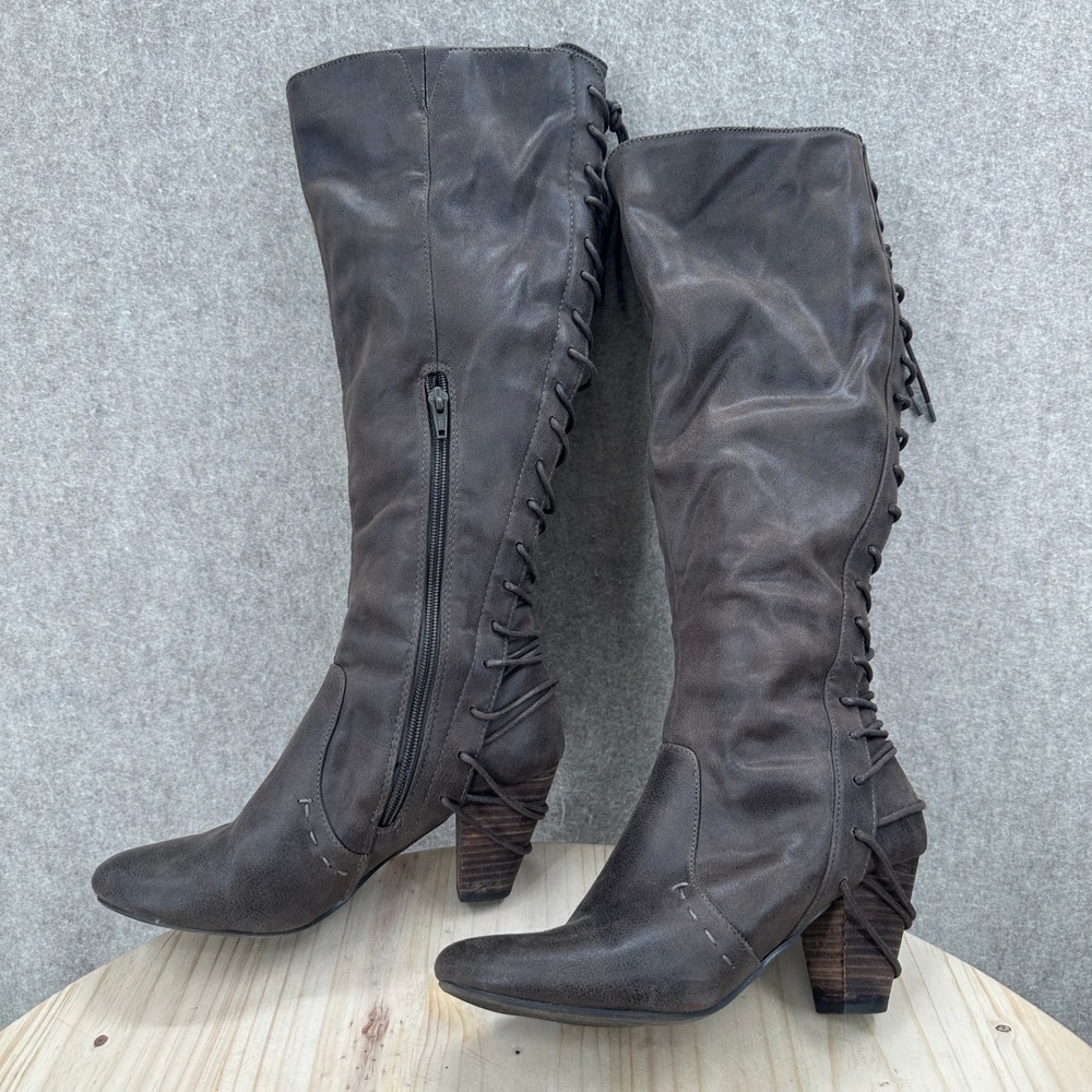 Report Marisa Knee High Boots 8.5 Brown Lace Up Back Stacked Heel Zipper Closure